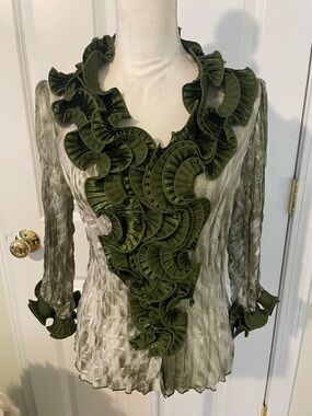 Jaipur Olive Green Ruffled Chiffon Blouse button down S